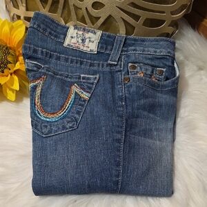True Religion Women's Boot Cut Jeans - Blue with Multicolor Stitching